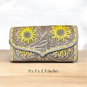 Floral Embossed Leather Clutch in Yellow and Gray